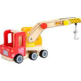 Max et Doudou vous proposent un camion-grue en bois, en rouge et jaune vif, son système de levage est simple, et efficace. conçue pour tenir dans la petite main des tout-petits à partir de 3 ans. 